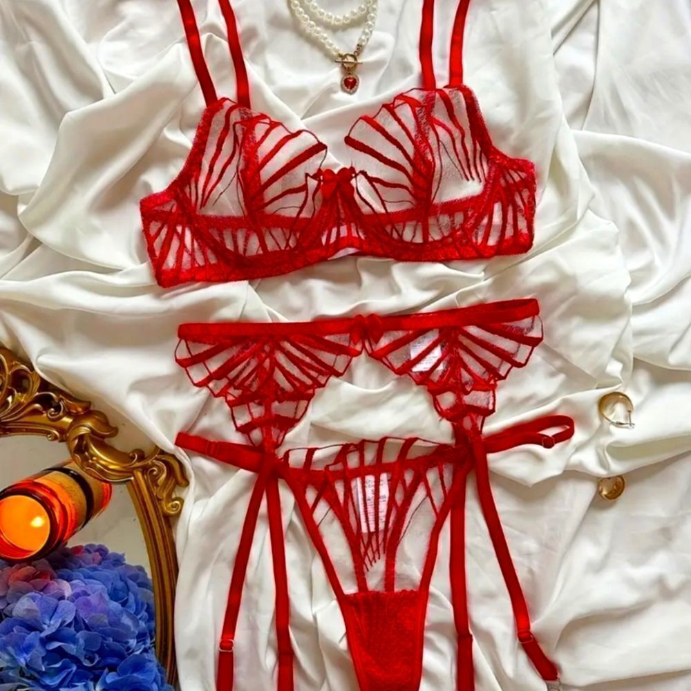 Womens Mesh Three-piece Set, Women's Sexy Lingerie Red 3 Piece Nightwear set